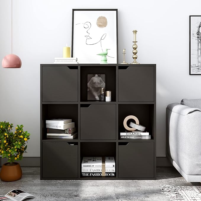 9-Cube Storage Shelf Bookcase - Wooden 3-Tier Floor Standing Open Bookshelf with Doors for Home and Office, Display Cabinet, Black - LeafyLoom