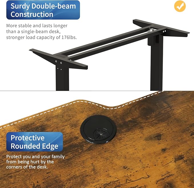 Adjustable Height L-Shaped Electric 59 Inch Sit-Stand Computer Desk with 3 Splice Boards, Lockable Casters-Ideal for Home Office, 59Inch, Rustic Brown - LeafyLoom