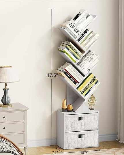 Vagusicc 6 Tier Tree Bookshelf, Modern Floor Standing Bookcase with Storage Drawer, Space Saving Storage Organizer Book Shelves for Books, Tall Wood Storage Rack for Bedroom/Living Room/Home Office - LeafyLoom
