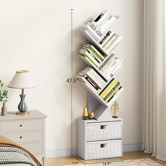Vagusicc 6 Tier Tree Bookshelf, Modern Floor Standing Bookcase with Storage Drawer, Space Saving Storage Organizer Book Shelves for Books, Tall Wood Storage Rack for Bedroom/Living Room/Home Office - LeafyLoom