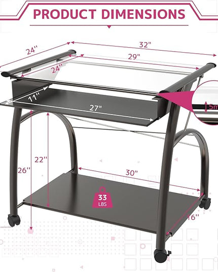 Acme Vincent Glass Top Computer Cart with Pull-out Keyboard in Pewter - LeafyLoom