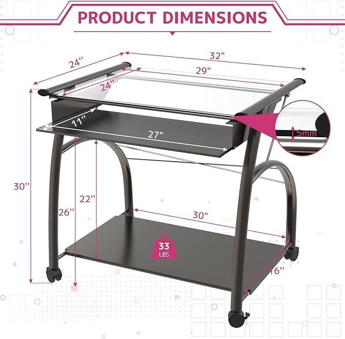 Acme Vincent Glass Top Computer Cart with Pull-out Keyboard in Pewter - LeafyLoom