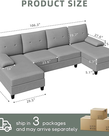 Shintenchi Sectional Couches for Living Room, U Shaped Sofa Couch with Double Chaise, 4-Seat Living Room Furniture Sets with Soft Cushion & Linen Fabric, Light Grey - LeafyLoom