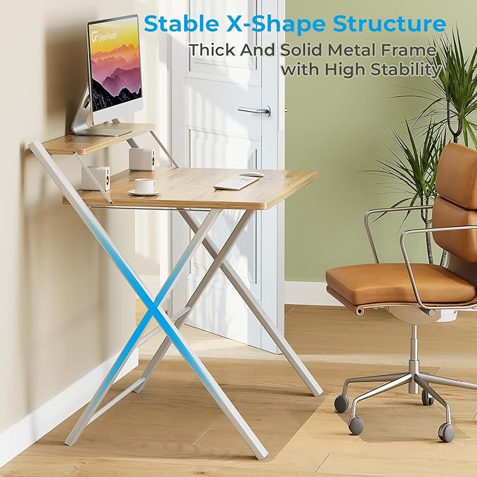 GreenForest Folding Desk No Assembly Required Small Size, 2-Tier Foldable Computer Desk with Shelf for Home Office, Space Saving Portable Laptop Study Foldable Table for Small Spaces, Oak - LeafyLoom