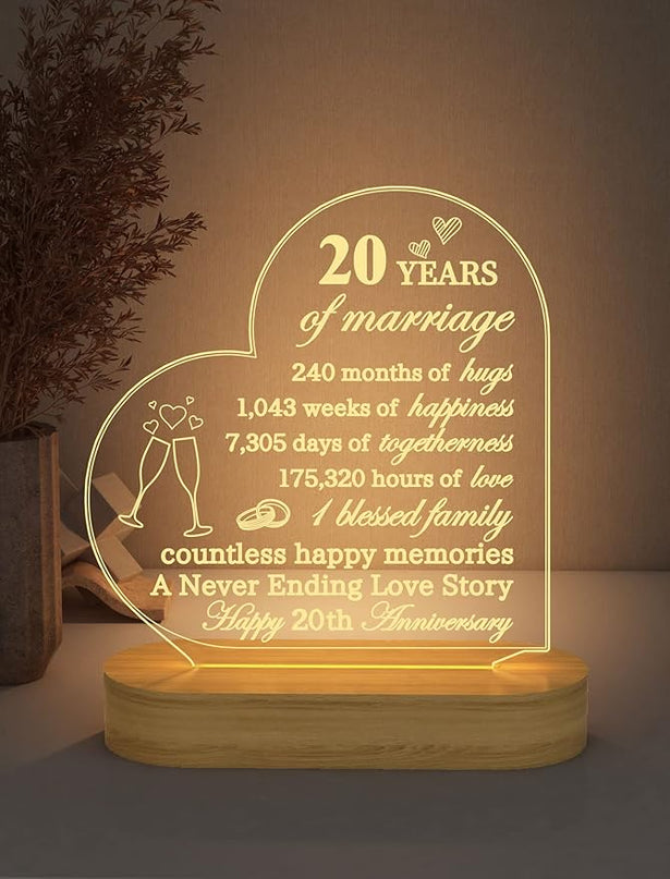 FULLOSUN Anniversary Wedding Gifts for Him/Her, I Love You Night Light 3D Illusion Lamp for Couple Wife Husband Romantic Valentines Wedding Day Present (20th) - LeafyLoom