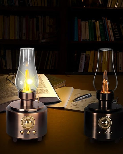 Vintage Table Lamp Retro Bluetooth Speaker Rechargeable Portable Night Light Flameless LED Oil Lamp Bedside Desk Lamp for Bedroom, Cafe, Bar, Desk Decor, Outdoor Camping Birthday Gifts for Kids Women - LeafyLoom