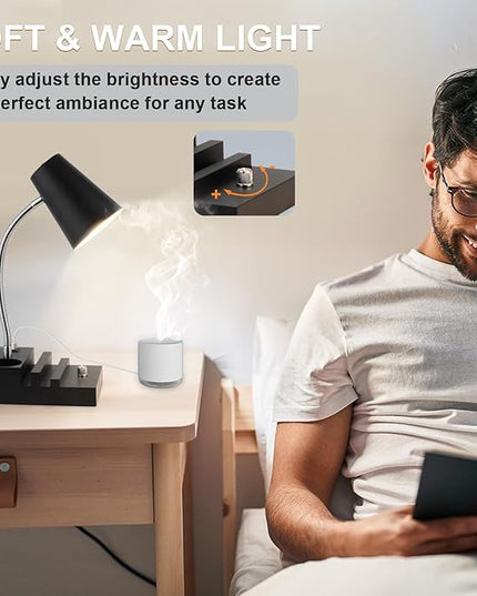 Study Desk Lamp with USB Charging and Type-C Night Light, Gooseneck LED Table Lamp Stepless Dimming Study Table Lamp with Pen Holder for College Dorm Bedroom and Office (Black) - LeafyLoom