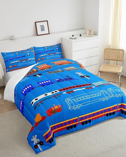 Erosebridal Train Twin Comforter Set for Boys,Cartoon Car Bedding Set for Kids Boys Girls Toddler,Vintage Car Down Comforter,Retro Steam Railway Rail Traffic Light Duvet Set Bedroom Decor,Blue 2Pcs - LeafyLoom