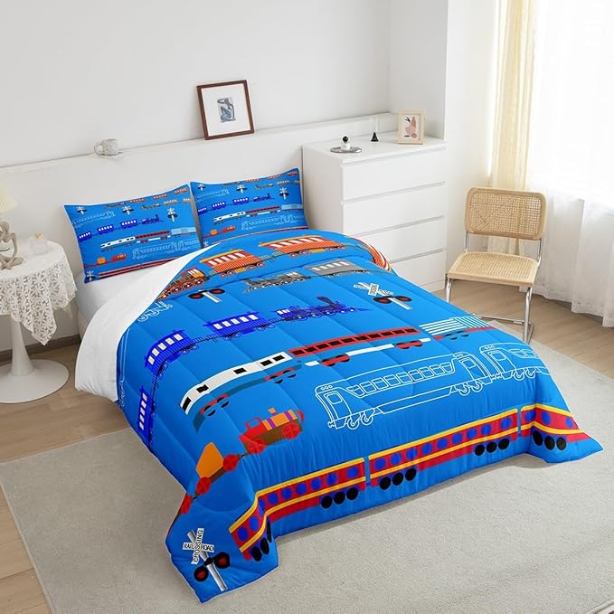 Erosebridal Train Full Comforter Set for Boys,Cartoon Car Bedding Set for Kids Boys Girls Toddler,Vintage Car Down Comforter,Retro Steam Railway Rail Traffic Light Duvet Set Bedroom Decor,Blue 3Pcs - LeafyLoom