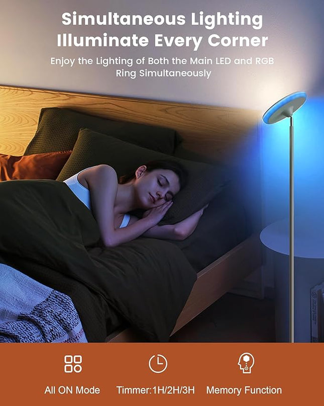 42W Floor Lamp, 3700LM Super Bright Standing Lamp with Side Light & Timer, Tall Lamp with Remote & Touch Control, 2700K-6500K Dimmable Torchiere Floor Lamp for Living Room, Office - LeafyLoom