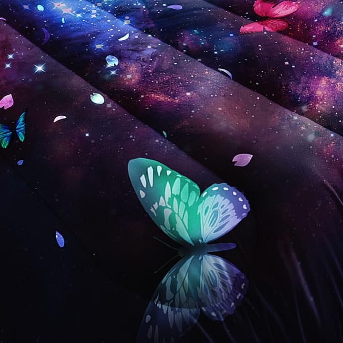 Datura home Butterfly Comforter Set for Girls Women,Colorful Butterflies in Space Galaxy Printed Black Bedding Set with 2 Pillowcases(Butterfly Galaxy Full) - LeafyLoom