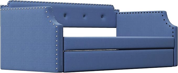 Twin Size Upholstered Trundle, Daybed Frame Sofa Bed for Bedroom Living Room Guestroom, Wood Slat Support, Space Saving Design, Blue - LeafyLoom
