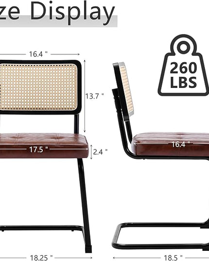Rattan Dining Chairs Set of 2, Mid Century Modern PU Leather Dining Room Kitchen Chairs with Cane Back, Metal Chrome Legs, Upholstered Wicker Armless Accent Chairs, Brown - LeafyLoom