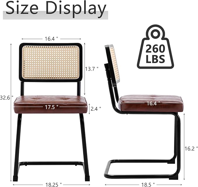 Rattan Dining Chairs Set of 2, Mid Century Modern PU Leather Dining Room Kitchen Chairs with Cane Back, Metal Chrome Legs, Upholstered Wicker Armless Accent Chairs, Brown - LeafyLoom