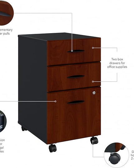 Bush Business Furniture Series A 3 Drawer Mobile File Cabinet in Hansen Cherry & Galaxy - Assembled, Rolling Document Storage for Home or Professional Office - LeafyLoom
