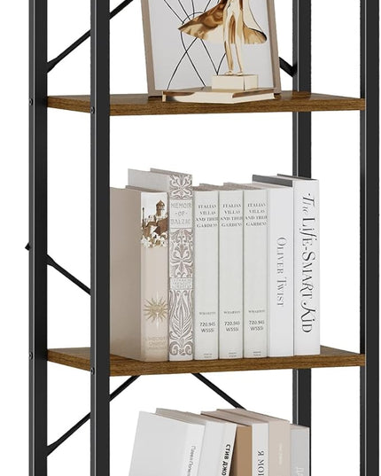 Bookshelf, Book Shelf, Industrial Bookcase with 2 Hooks, Coner Shelf Storage Organizer for Home Office, Living Room, Bedroom, Kitchen, 4-Tier Rustic Brown BC10401B - LeafyLoom