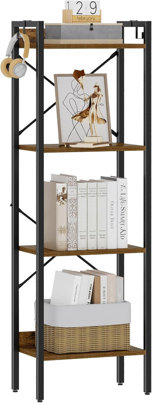 Bookshelf, Book Shelf, Industrial Bookcase with 2 Hooks, Coner Shelf Storage Organizer for Home Office, Living Room, Bedroom, Kitchen, 4-Tier Rustic Brown BC10401B - LeafyLoom