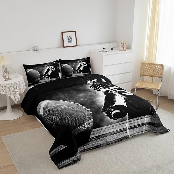 Erosebridal Football Down Comforter for Kids Boys Girls Teens Sports Theme Comforter Set Soccer Pattern Duvet Insert Football Match Bedding Set Youth Bedroom Decor Quilted with 2 Pillowcase,Queen - LeafyLoom