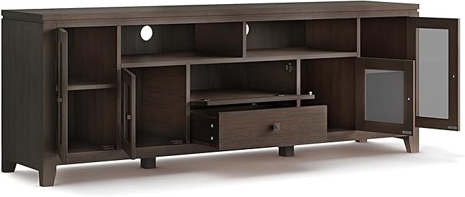 SIMPLIHOME Cosmopolitan SOLID WOOD Universal TV Media Stand, 72 inch Wide, Contemporary, Living Room Entertainment Center with Storage, for Flat Screen TVs up to 80 inches in Farmhouse Brown - LeafyLoom