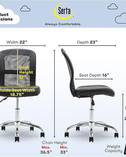 Serta Essential Armless Desk Chair Small TaskChair with Wheels, Breathable Mesh Back, SertaQuality Foam Cushion Seat for Comfort, Functional, Lightweight and Versatile, Task, Black - LeafyLoom