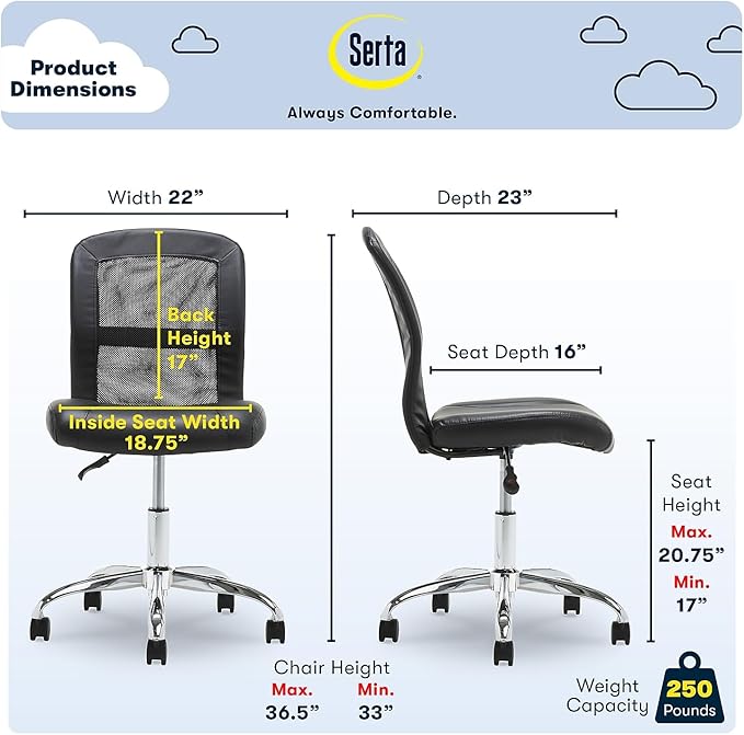 Serta Essential Armless Desk Chair Small TaskChair with Wheels, Breathable Mesh Back, SertaQuality Foam Cushion Seat for Comfort, Functional, Lightweight and Versatile, Task, Black - LeafyLoom