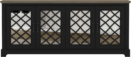 Galano Millicent TV Stand for up to 75 Inch TV, Farmhouse Entertainment Center with Mirror Doors & Storage Shelves, Rustic Media Console Cabinet for Living Room, Black Knotty Grey Oak - LeafyLoom