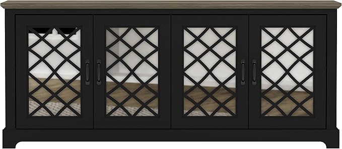 Galano Millicent TV Stand for up to 75 Inch TV, Farmhouse Entertainment Center with Mirror Doors & Storage Shelves, Rustic Media Console Cabinet for Living Room, Black Knotty Grey Oak - LeafyLoom