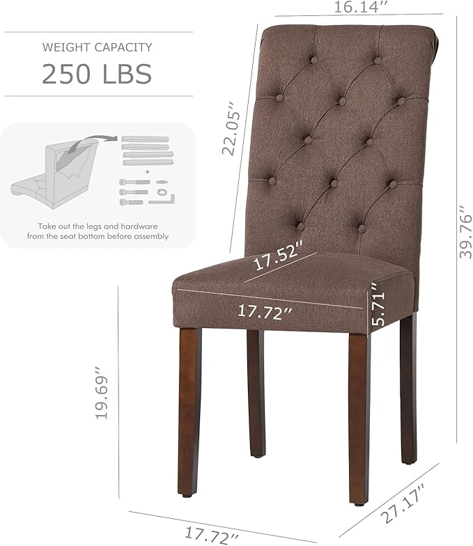 COLAMY Button Tufted Dining Chairs Set of 2, Parsons Upholstered Fabric Dining Room Chairs Kitchen Chairs with Wood Legs and Padded Seat, Brown - LeafyLoom