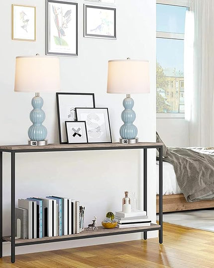Qimh Table Lamps for Bedroom Set of 2, 26.5" Bedside Lamps for Living Room with USB Ports Touch Control, Modern Blue Ceramic Nightstand Lamp White Shade Home Decor (LED Bulb Included) - LeafyLoom
