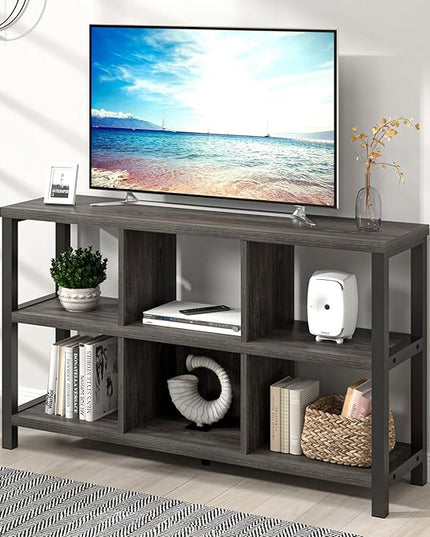 FOLUBAN 6 Cube Storage Organizer with Shelf, Wood and Metal Cubby Bookcase, Industrial Low Horizontal Bookshelf (Dark Grey, 47 Inch) - LeafyLoom