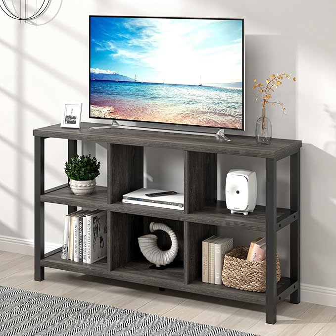 FOLUBAN 6 Cube Storage Organizer with Shelf, Wood and Metal Cubby Bookcase, Industrial Low Horizontal Bookshelf (Dark Grey, 47 Inch) - LeafyLoom