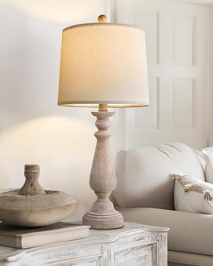 PORTRES 24.5" Mid Century Table Lamp Set of 2 for Living Room Farmhouse Linen Bedside Lamps for Bedroom Kids Room Dorm Office Rustic Lamps for End Table Nigntstand Resin - LeafyLoom