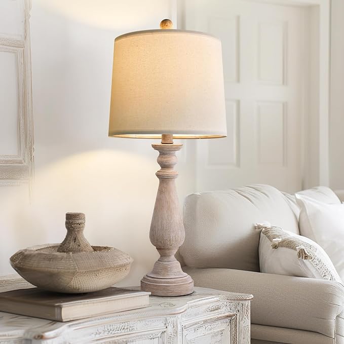 PORTRES 24.5" Mid Century Table Lamp Set of 2 for Living Room Farmhouse Linen Bedside Lamps for Bedroom Kids Room Dorm Office Rustic Lamps for End Table Nigntstand Resin - LeafyLoom