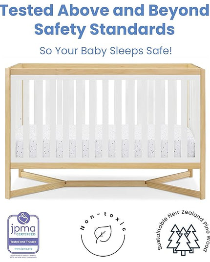 Delta Children Tribeca 4-in-1 Baby Convertible Crib + Simmons Kids Quiet Nights Crib and Toddler Mattress Made from Recycled Water Bottles/GREENGUARD Gold Certified [Bundle], Bianca White/Natural - LeafyLoom