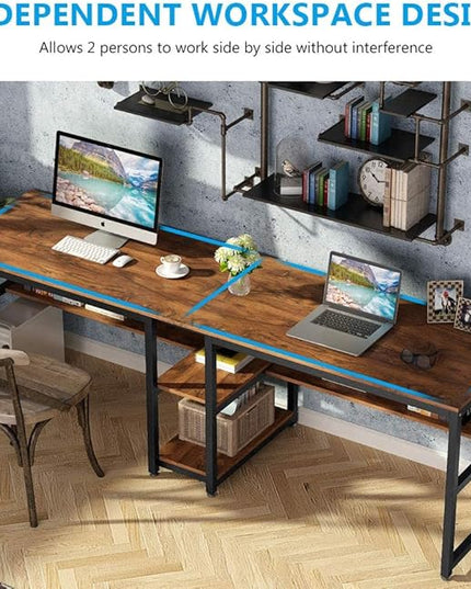 Tribesigns Two Person Desk with Bookshelf, 78.7 Computer Office Double Desk for Two Person, Rustic Writing Desk Workstation with Shelf for Home Office (Brown) - LeafyLoom