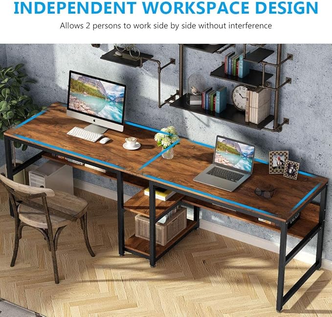 Tribesigns Two Person Desk with Bookshelf, 78.7 Computer Office Double Desk for Two Person, Rustic Writing Desk Workstation with Shelf for Home Office (Brown) - LeafyLoom
