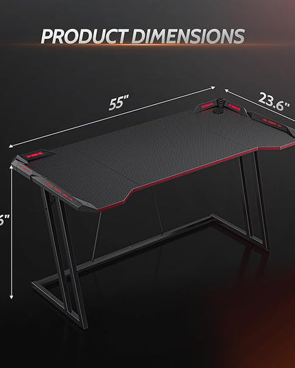 CubiCubi Gaming Desk with LED Lights, 55 Inch Z Shaped Gamer Desk, Home Game Computer Desk with Carbon Fiber Surface, Ergonomic Office PC Workstation with Cable Management, Black - LeafyLoom