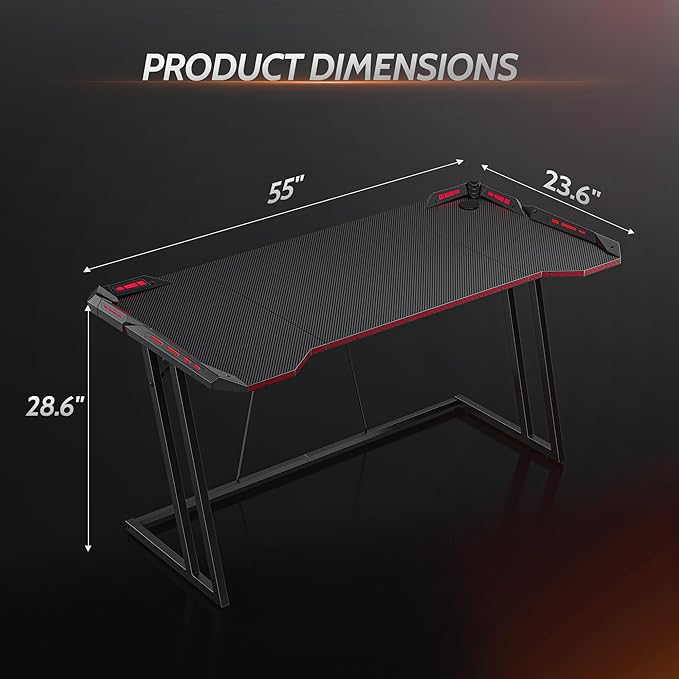 CubiCubi Gaming Desk with LED Lights, 55 Inch Z Shaped Gamer Desk, Home Game Computer Desk with Carbon Fiber Surface, Ergonomic Office PC Workstation with Cable Management, Black - LeafyLoom