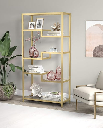 Henn&Hart 68" Tall Rectangular Bookcase in Brass, for Home Office, Living Room - LeafyLoom