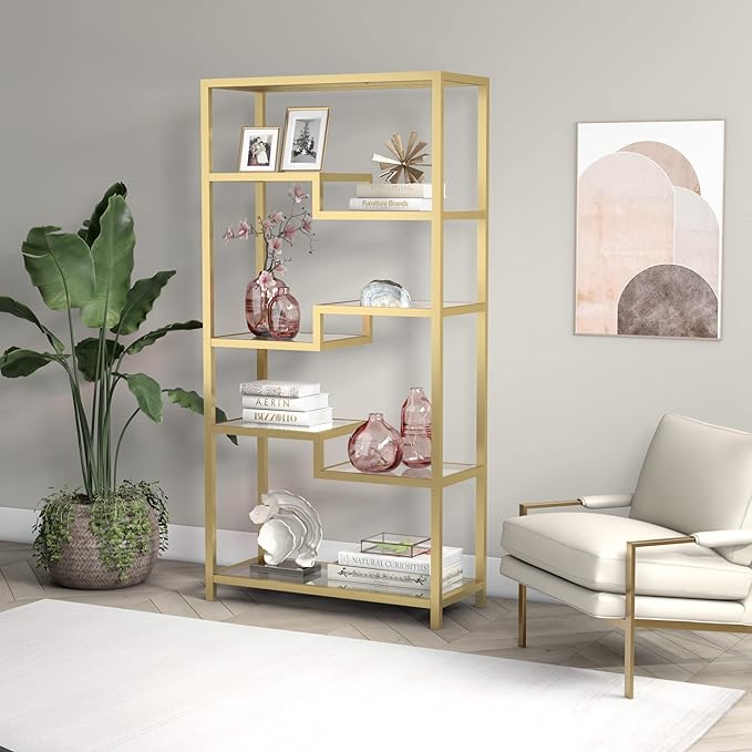 Henn&Hart 68" Tall Rectangular Bookcase in Brass, for Home Office, Living Room - LeafyLoom