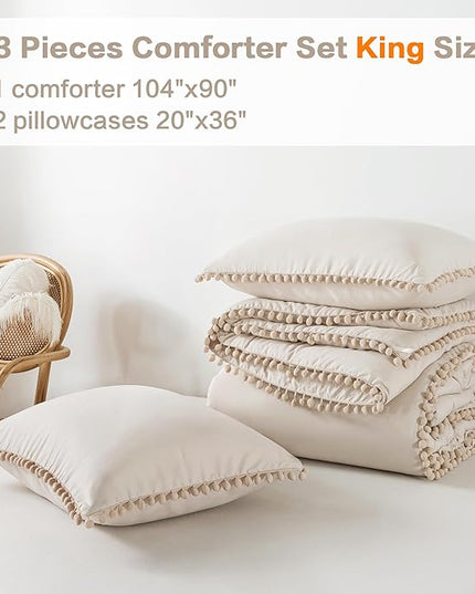 Litanika King Size Comforter Set Beige,3 Pieces Beige Boho Pom Pom Lightweight Bed Comforter, All Season Soft Solid Color Bedding Comforter Sets (1 Comforter 104x90 Inch, 2 Pillowcases) - LeafyLoom
