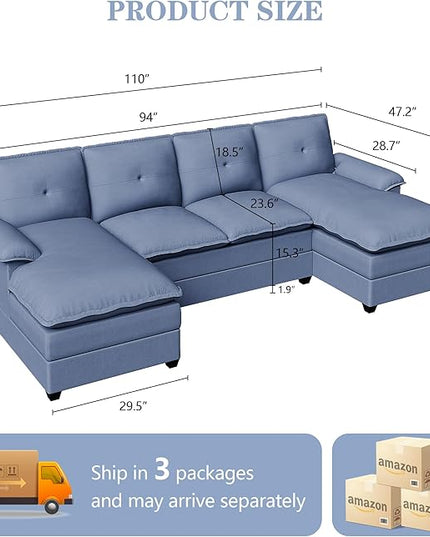 Shintenchi 110" Modular Sectional Couches for Living Room, U-Shaped Sofa Couch with Double Chaise, 4 Seat Sofa Sets with Thick Cushion & Soft Backrest, Blue - LeafyLoom