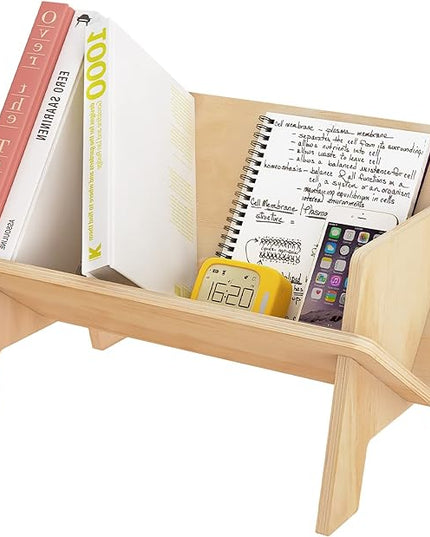 Wooden Tabletop Bookshelf Titled Desktop Bookshelf Cookbook Shelf,Small Bookcases for Magazine Books CDs,Book Rack Desk Book Organizer in Living Room/Office/Bedroom (Burlywood) - LeafyLoom