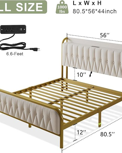 Feonase Full Bed Frame with Type-C & USB Port, Metal Platform Beds, with Velvet Upholstered Headboard & Footboard, 12" Underbed Storage Space, Easy Assembly, Noise-Free, Beige - LeafyLoom