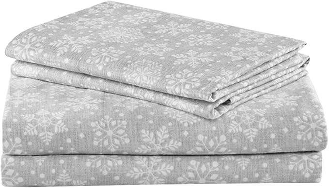 Comfort Spaces Cotton Flannel Breathable Warm Deep Pocket Sheets With Pillow Case Bedding, Twin, Snowflakes Grey, 3 Piece - LeafyLoom