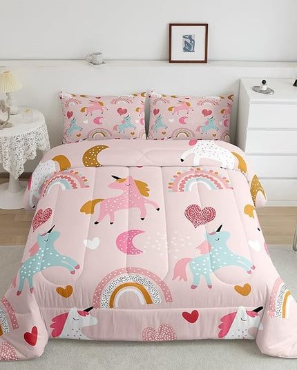 Feelyou Girls Unicorn Comforter Set Queen Size Kids Cute Pink Rainbow Horse Decor Comforter for Unicorn Lover Daughter Bedding Set Boho Star Moon Duvet Set (1 Comforter + 2 Pillowcases, Queen) - LeafyLoom