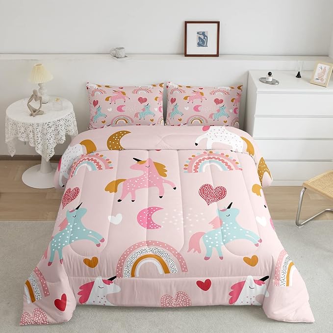 Feelyou Girls Unicorn Comforter Set Queen Size Kids Cute Pink Rainbow Horse Decor Comforter for Unicorn Lover Daughter Bedding Set Boho Star Moon Duvet Set (1 Comforter + 2 Pillowcases, Queen) - LeafyLoom