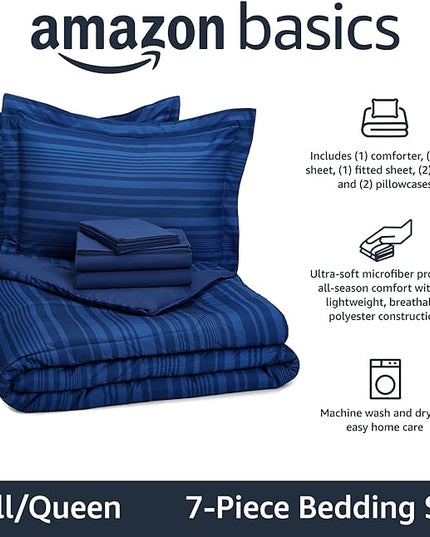 Amazon Basics Lightweight Microfiber Bed-in-a-Bag Comforter 7-Piece Bedding Set, Full/Queen, Blue Calvin Striped - LeafyLoom