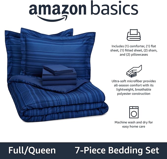 Amazon Basics Lightweight Microfiber Bed-in-a-Bag Comforter 7-Piece Bedding Set, Full/Queen, Blue Calvin Striped - LeafyLoom