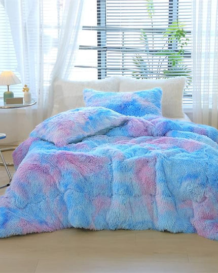 Faux Fur Kids Girls Blue Rainbow Comforter Sets King - 3PC Bed Set Warm Comfortable Soft Plush Flannel Velvet Fluffy Fuzzy Bedding（Comforter x 1 Pillowcases x 2） - LeafyLoom